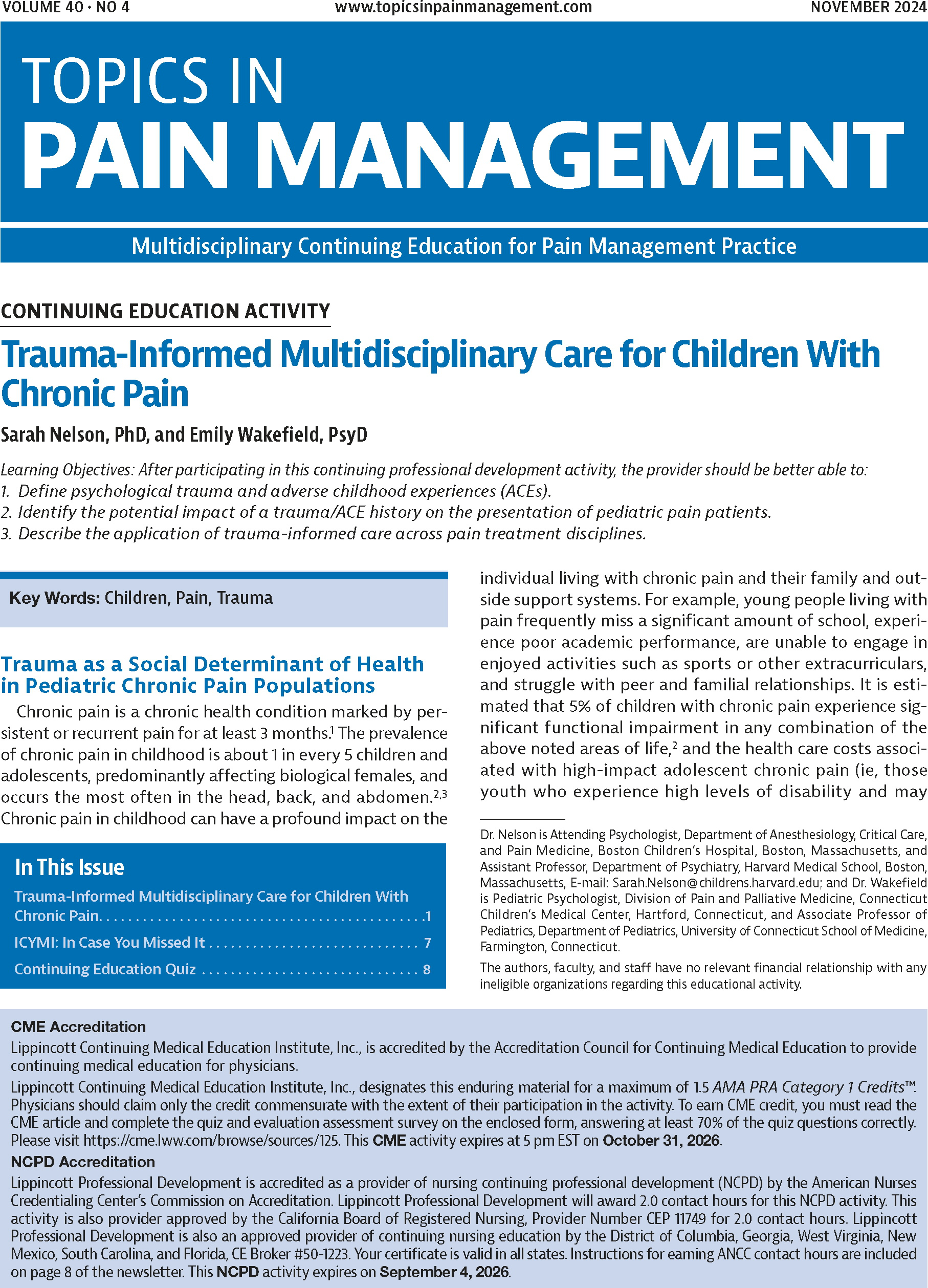 Topics in Pain Management